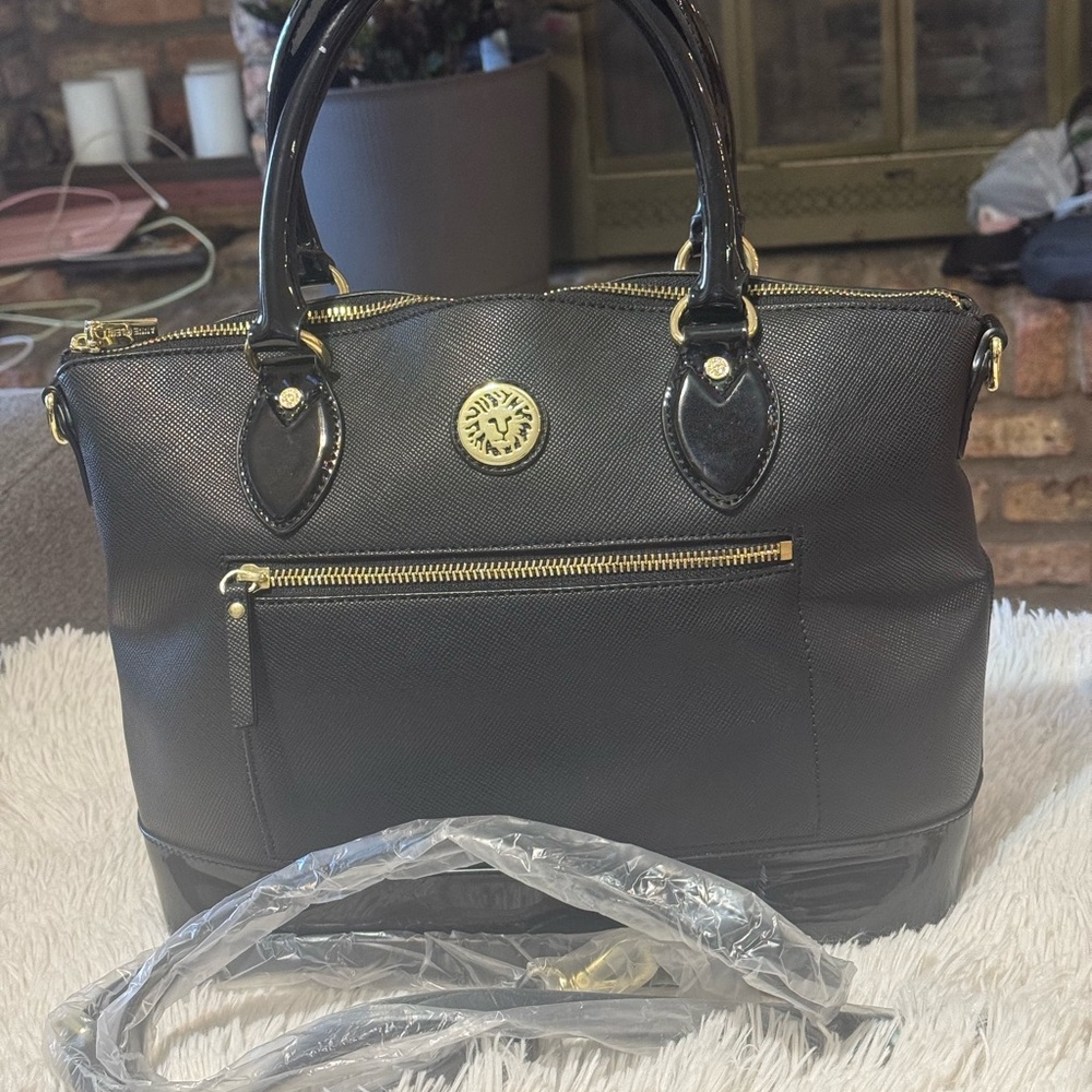 Anne Klein Black Satchel with Gold Details
